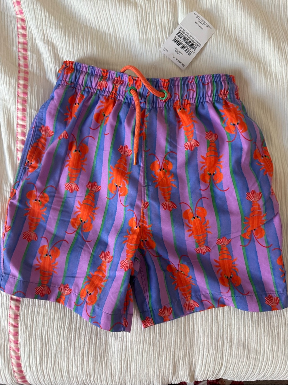 Next kids boys Purple Striped Lobster Print Swim Shorts with Orange Drawstring